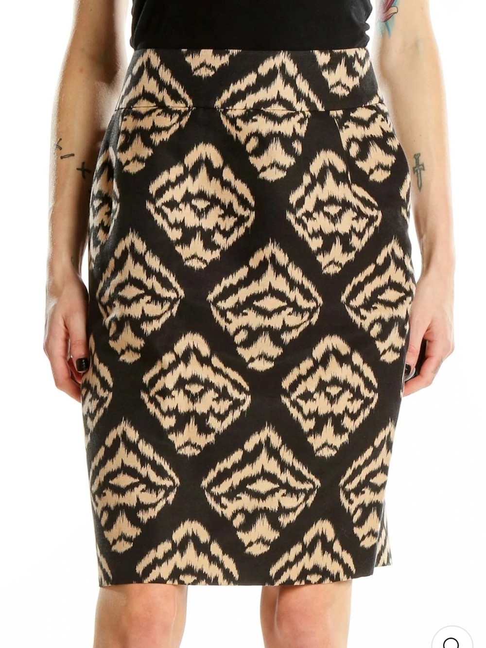 Talbots Vintage Silk Cotton Black and Beige Ikat Pattern Pencil Skirt Size 6
